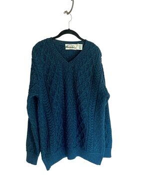 Aran Crafts Merino Wool cable knit v neck sweater green & blue sz M fisherman